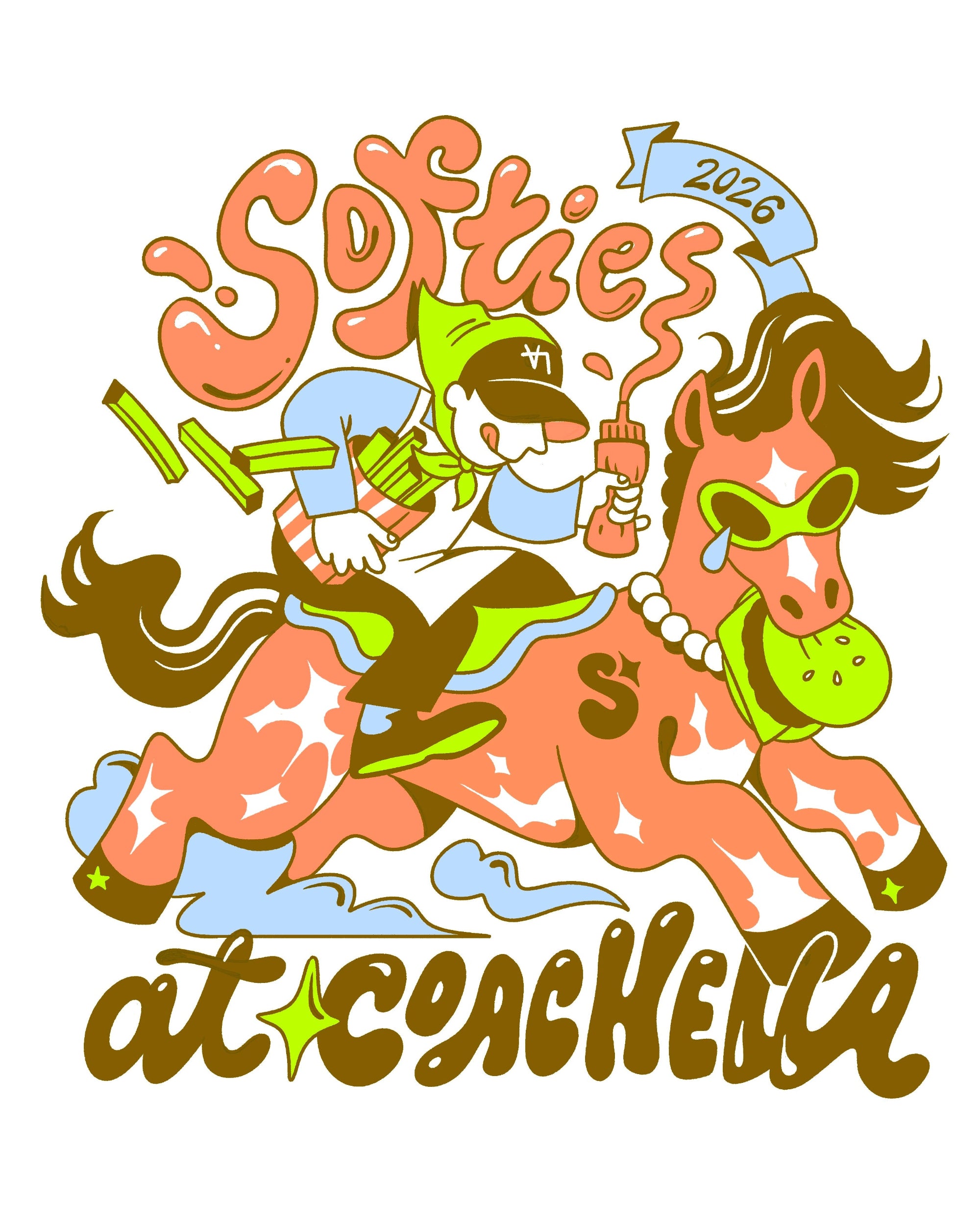 Illustration of a person riding a horse with text 'Soffies 2026 at Coachella' on a white background.
